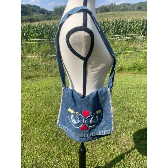 Handmade Handbags - Vintage Handmade Denim Shoulder Bag With Heart & Bird Embroidery